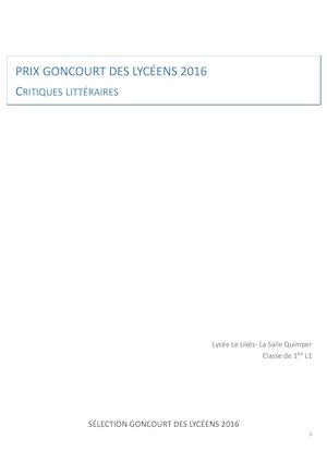 Prix Goncourt des Lycéens 2016 - Critiques Littéraires