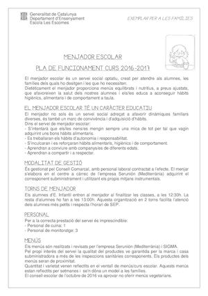 Pla De Funcionament Menjador 2016 2017