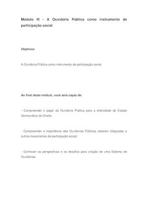 Modulo Iii Ouvidoria Na Administração Pública