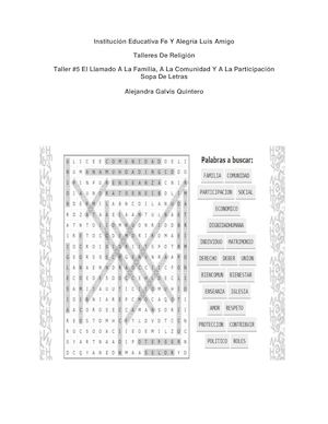 Taller #5 Llamado A La Familia,a La Comunidad Y A La Participacion Sopa De Letras