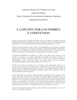 Taller #7 La Opción Por Los Pobres E Indefensos- Preguntas