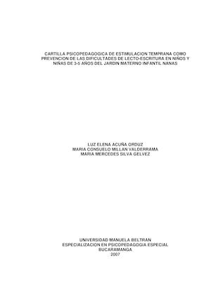 Cartilla Psicopedagogica De Estimulacion En Lecto Escritura
