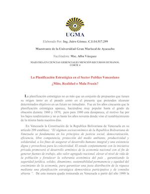 La Planificación Estratégica en el Sector Publico Venezolano ¿Mito, Realidad o Mala Praxis?