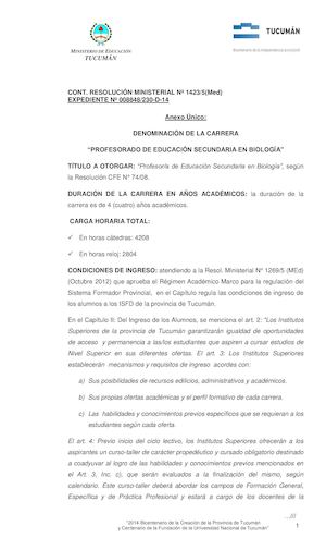 Resolución Nº 1423/5 (MEd) Profesorado de Educación Secundaria En Biologia