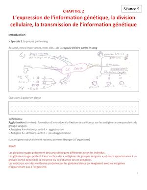 Chapitre 2 L'expression de l'information génétique, la division cellulaire, la transmission de l'information génétique