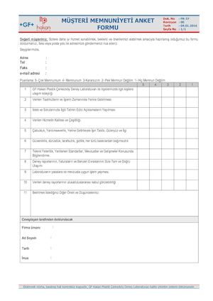 FR 37 R0 Müşteri Memnuniyeti Anket Formu