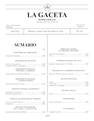 Gaceta No 218 Viernes 18 De Noviembre De 2016