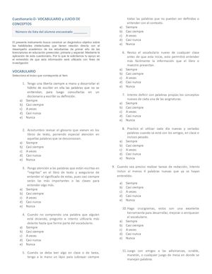 Cuestionario D- VOCABULARIO  Y JUICIO DE CONCEPTOS
