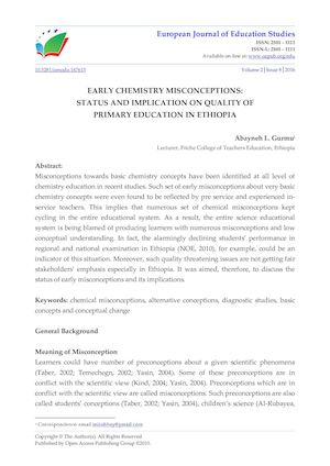 EARLY CHEMISTRY MISCONCEPTIONS:  STATUS AND IMPLICATION ON QUALITY OF  PRIMARY EDUCATION IN ETHIOPIA