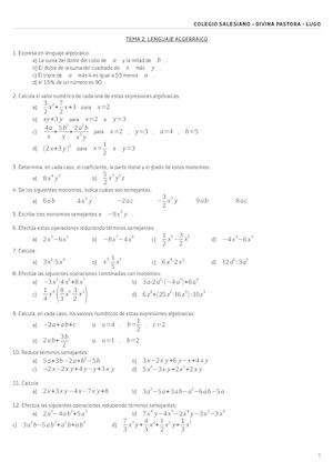 Tema 3 Lenguaje Algebraico Ficha Ejercicios