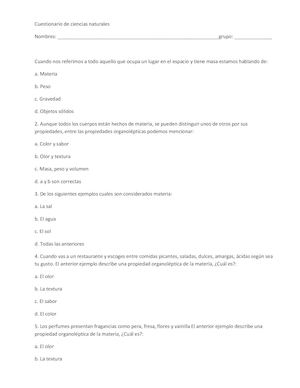 Cuestionario De Ciencias Naturales 5°.