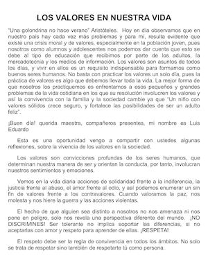 Los Valores En Nuestra Vida
