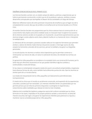 Enseñar Ciencias Sociales En El Primer Ciclo