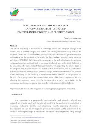EVALUATION OF ENGLISH AS A FOREIGN  LANGUAGE PROGRAM - USING CIPP  (CONTEXT, INPUT, PROCESS AND PRODUCT) MODEL