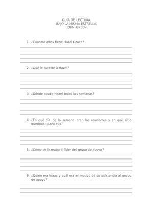 Guía De Lectura. Bajo la misma estrella. John Green