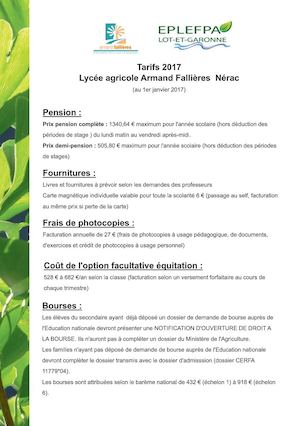 Tarifs Lycée Agricole Nérac