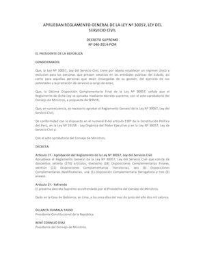 Reglamento General De La Ley Nº 30057, Ley Del Servicio Civil Ds N° 040 2014 Pcm