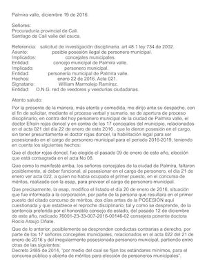 QUEJA DISCIPLINARIA CONTRA 17 CONCEJALES DE PALMIRA VALLE Y PERSONERO MUNICIPAL