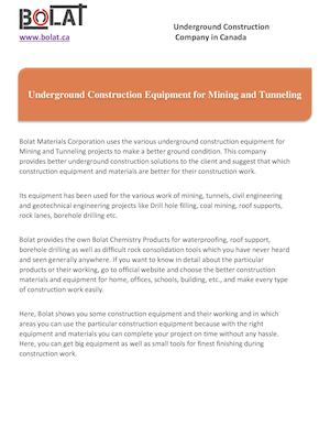 Underground Construction Equipment For Mining And Tunneling