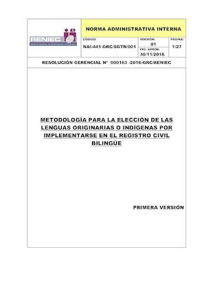 NAI RENIEC: Metodología Para Elección De Lenguas Primera Versión