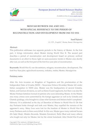 MOSTAR BETWEEN 1941 AND 1952 -  WITH SPECIAL REFERENCE TO THE PERIOD OF RECONSTRUCTION AND DEVELOPMENT FROM 1945 TO 1952