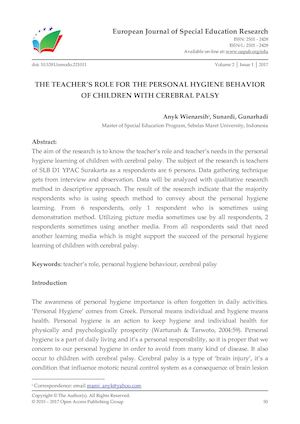 THE TEACHER’S ROLE FOR THE PERSONAL HYGIENE BEHAVIOR OF CHILDREN WITH CEREBRAL PALSY