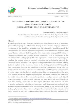 THE ORTHOGRAPHY OF THE COMPOUND NOUNS IN THE MACEDONIAN LANGUAGE –  IMPLICATIONS IN TEACHING ORTHOGRAPHY