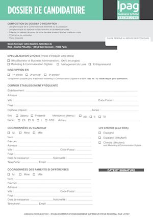 Dossier D'inscription Bachelors IPAG Paris