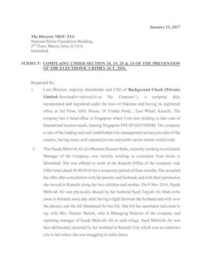 FIA Complaint for Cyber Crime and Evidence Dossier against Syed Tayyab Ali Shah and Lt. Col Saqib Mumtaz