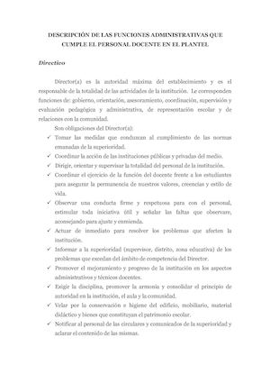 Descripción De Las Funciones Administrativas Que Cumple El Personal Docente En El Plantel