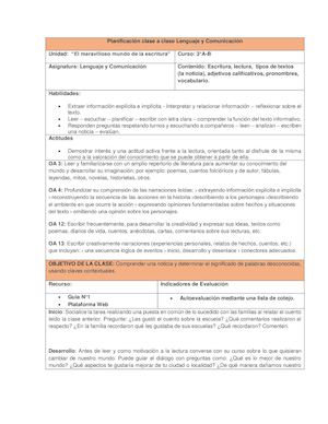 Planificación Clase A Clase Lenguaje Y Comunicación