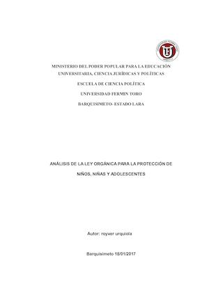 LEY ORGÁNICA PARA LA PROTECCIÓN DEL  NIÑO Y DEL ADOLESCENTE