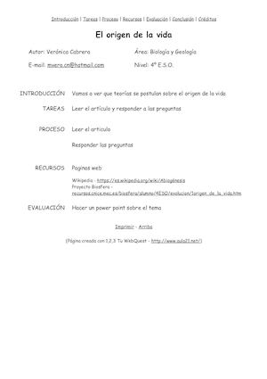 Webquest El Origen De La Vida