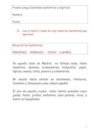 Prueba Lengua Castellana Sustantivos Y Adjetivos