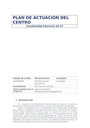Plan De Actuación Creatividad Literaria Del Centro Ies Torre De Los Guzmanes 2016 2017