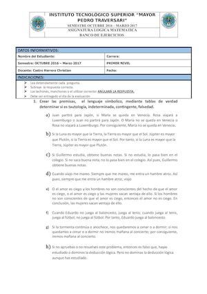 Cuestionario De Logica Matematica Ejercicios