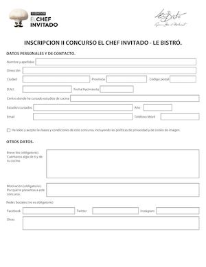Formulario Inscripcion Concurso El Chef Invitado 2017 Restaurante Le Bistro Valladolid