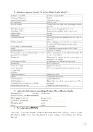 Calendrier Et bienfaits des Khassidas