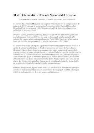 31 De Octubre Día Del Escudo Nacional Del Ecuador