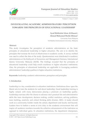 INVESTIGATING ACADEMIC ADMINISTRATORS’ PERCEPTION TOWARDS THE PRINCIPLES OF EDUCATIONAL LEADERSHIP