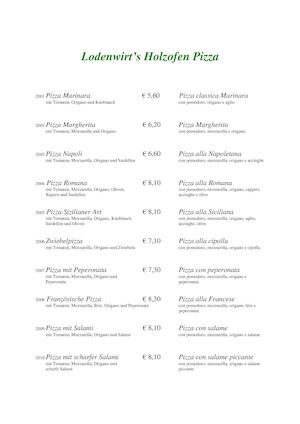 Lodenwirt's Pizzakarte