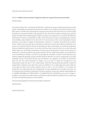 Carta a medios de comunicacion de Andrés Felipe Possu