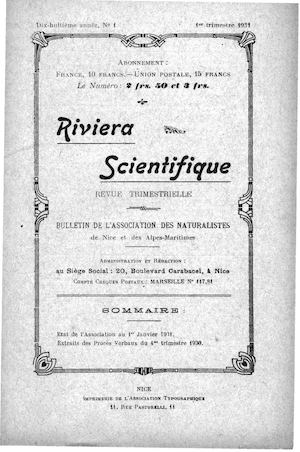 1931 N°1 Riviera Scientifique 18° Année Bulletin De L'Association Des NATURALISTES De Nice Et Des Alpes Maritimes