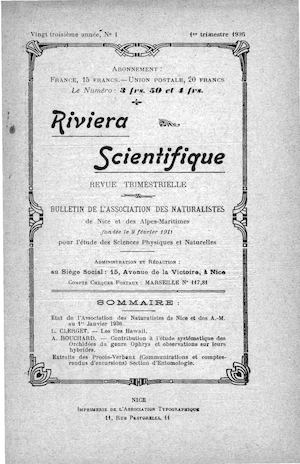 1936 N°1 Riviera Scientifique 23° Année Bulletin De L'Association Des NATURALISTES De Nice Et Des Alpes Maritimes