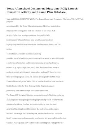 Texas Afterschool Centers on Education (ACE) Launch Innovative Activity and Lesson Plan Database