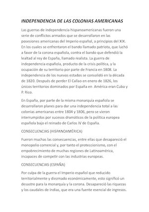 Independencia De Las Colonias Americanas