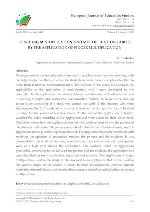 TEACHING MULTIPLICATION AND MULTIPLICATION TABLES  BY THE APPLICATION OF FINGER MULTIPLICATION