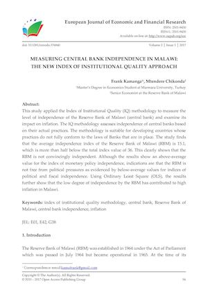 MEASURING CENTRAL BANK INDEPENDENCE IN MALAWI:  THE NEW INDEX OF INSTITUTIONAL QUALITY APPROACH