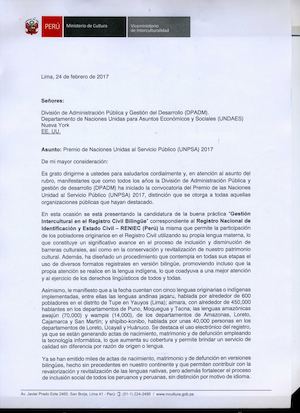 Oficio Apoyo al RENIEC-DLI Ministerio de Cultura