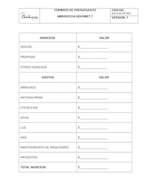 Formato De Presupuesto Ag Fo Fp 001